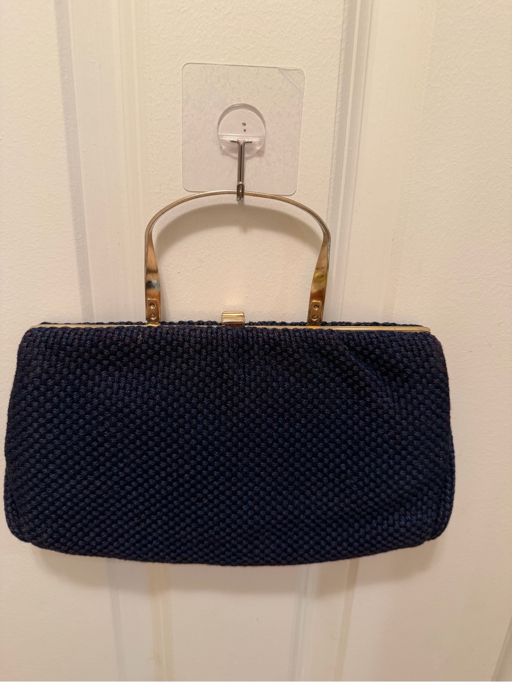 Vintage Navy Knit Top-Handle Women's Clutch with Gold Hardware